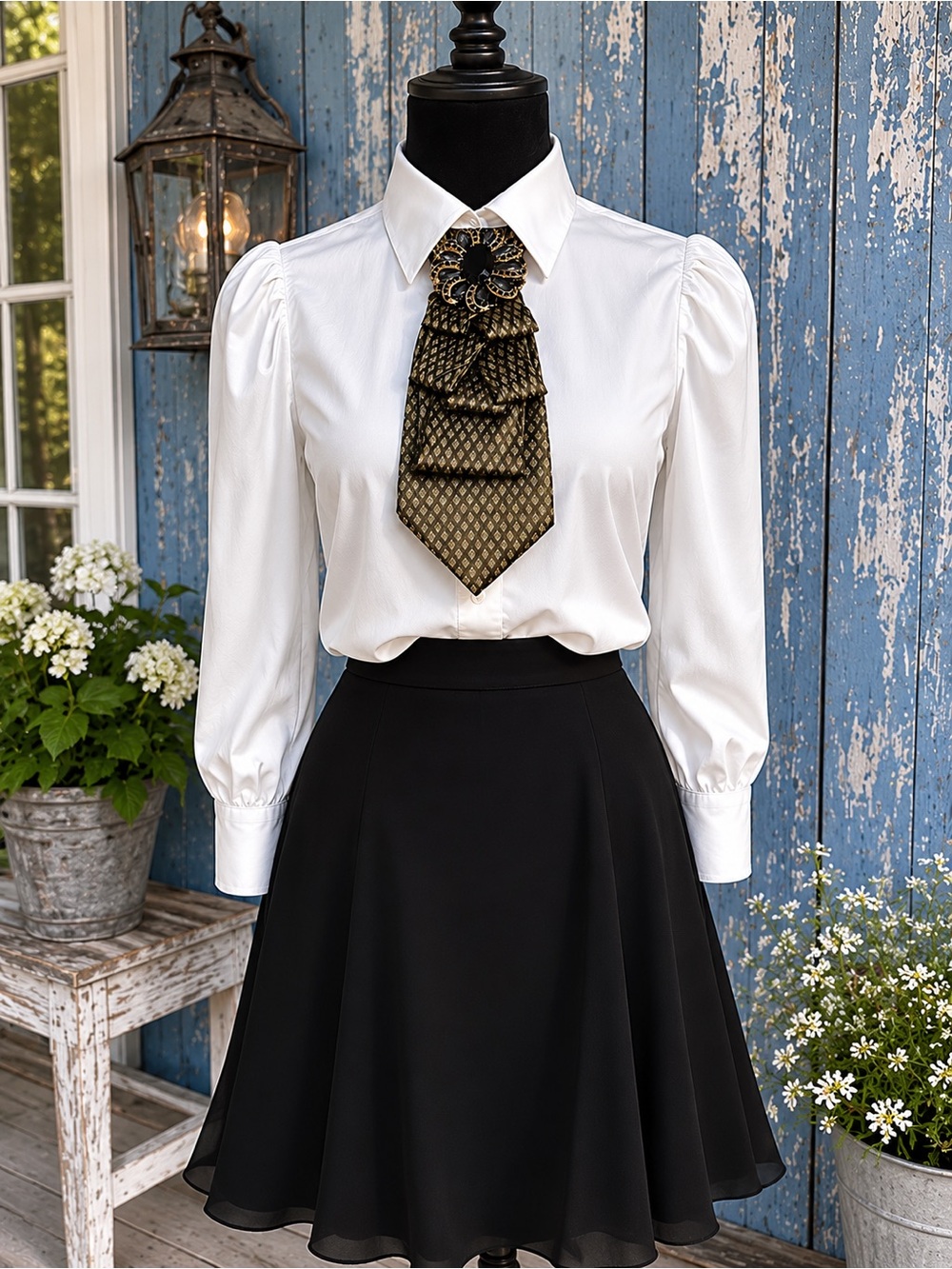 OOAK Stunning Black/Gold Necktie Necklace with Brooch & Beaded Necklace